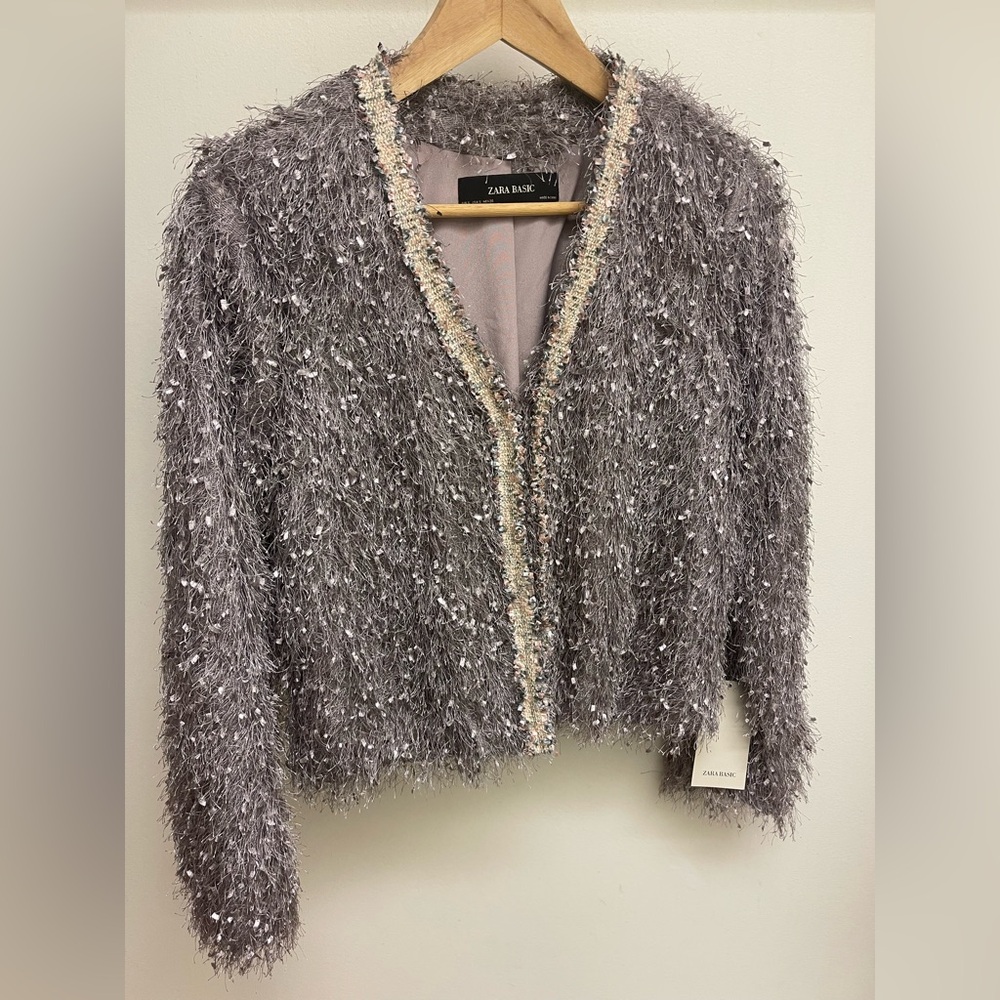 Zara Muted Pink Cropped Soft Jacket With Woven Trim 
Size S